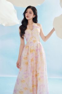 Maisie Padded Halter Flare Maxi Dress in Purple Fleur de Voile