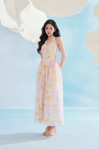 Maisie Padded Halter Flare Maxi Dress in Purple Fleur de Voile