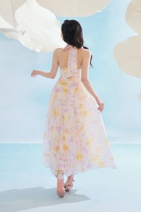 Maisie Padded Halter Flare Maxi Dress in Purple Fleur de Voile