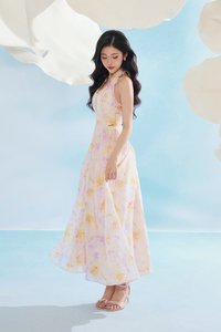 Maisie Padded Halter Flare Maxi Dress in Purple Fleur de Voile