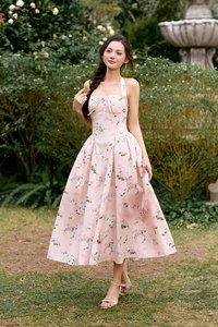 Monroe Halter Pintuck Midi Dress in Crepe Pink Floral Bouquet