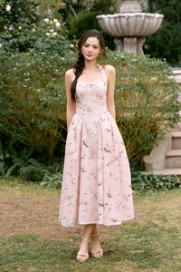 Monroe Halter Pintuck Midi Dress in Crepe Pink Floral Bouquet