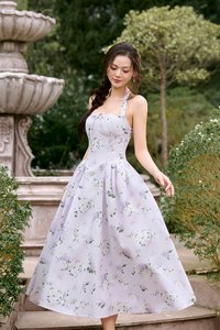 Monroe Halter Pintuck Midi Dress in Lilac Floral Bouquet