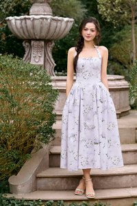 Monroe Halter Pintuck Midi Dress in Lilac Floral Bouquet