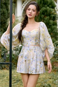 Nettie Bustier Balloon Sleeves Crop Top in Dreaming Blue Blooms