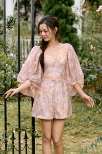 Nettie Bustier Balloon Sleeves Crop Top in Dreaming Purple Blooms