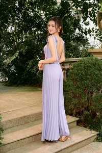 No&eacute;mie Padded Chiffon Ribbon Straps Pleated Jumpsuit in French Lilac