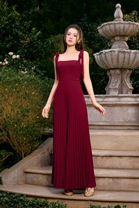 No&eacute;mie Padded Chiffon Ribbon Straps Pleated Jumpsuit in Wine Red
