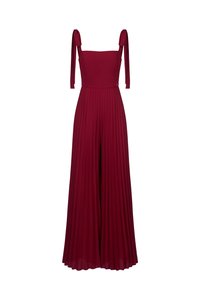 No&eacute;mie Padded Chiffon Ribbon Straps Pleated Jumpsuit in Wine Red
