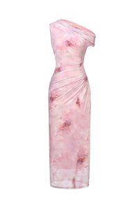 Vega Padded Ruched Mesh Midi Dress in Rose Flutter Gouache