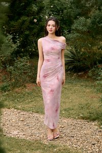 Vega Padded Ruched Mesh Midi Dress in Rose Flutter Gouache