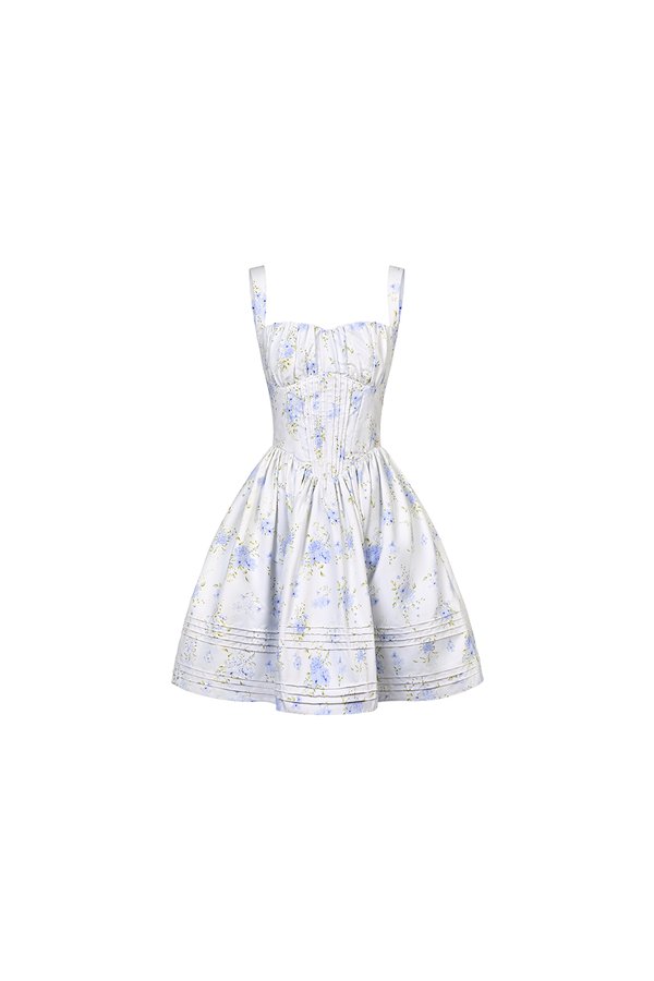 Amoryn Pintuck Ruched Mini Dress in Blue Blooming Bunches