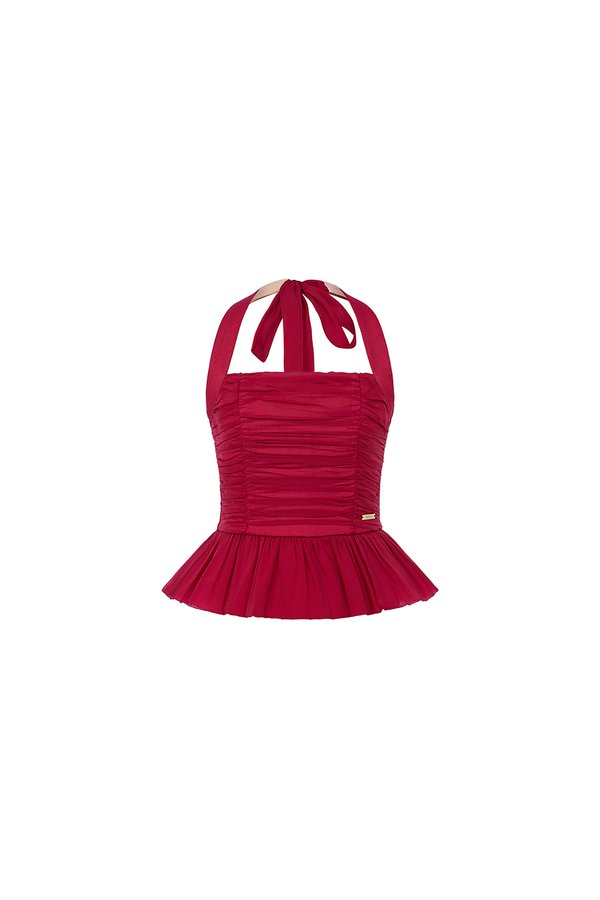 Anya Padded Ribbon Tie Halter Peplum Top in Cherry Red