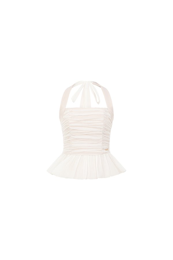 Anya Padded Ribbon Tie Halter Peplum Top in Iconic White