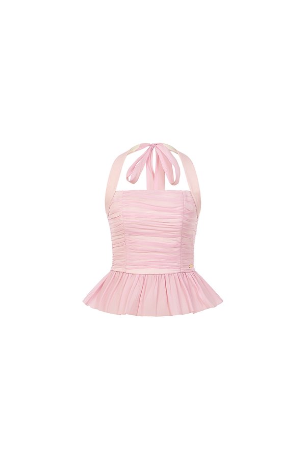 Anya Padded Ribbon Tie Halter Peplum Top in Lacey Pink
