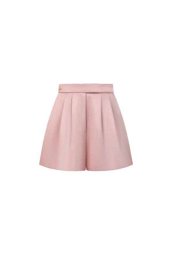 Aviva Sateen Pleated High Waist Shorts in Cherry Blossom