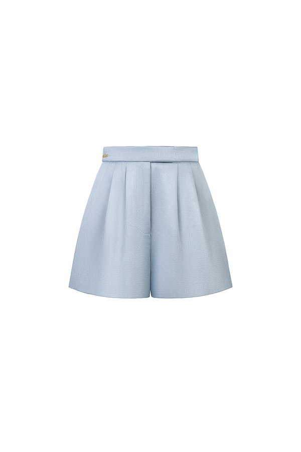 Aviva Sateen Pleated High Waist Shorts in Pastel Blue