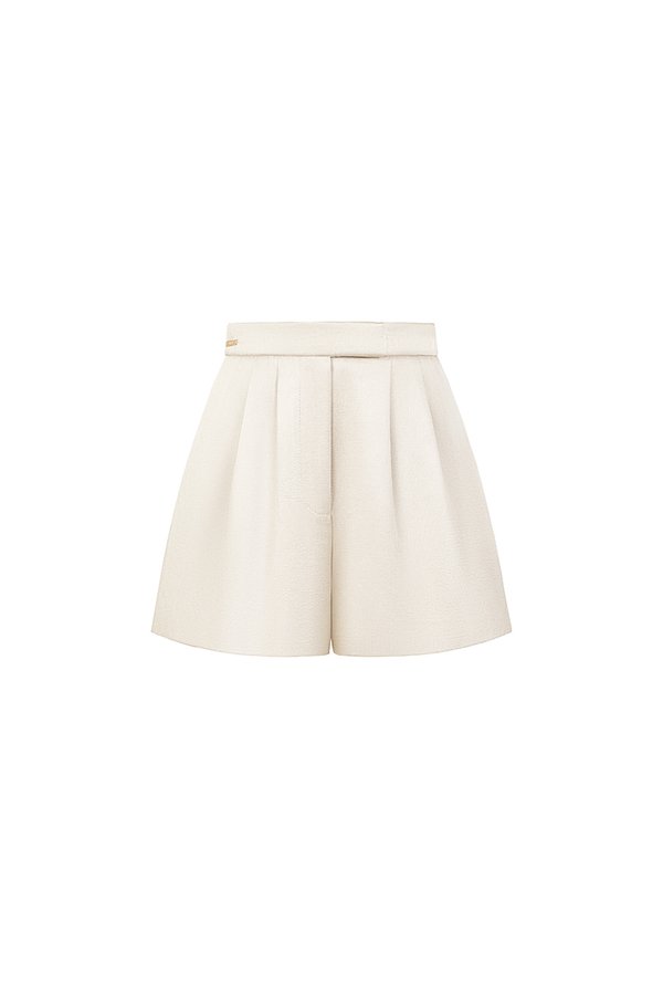 Aviva Sateen Pleated High Waist Shorts in Pearl