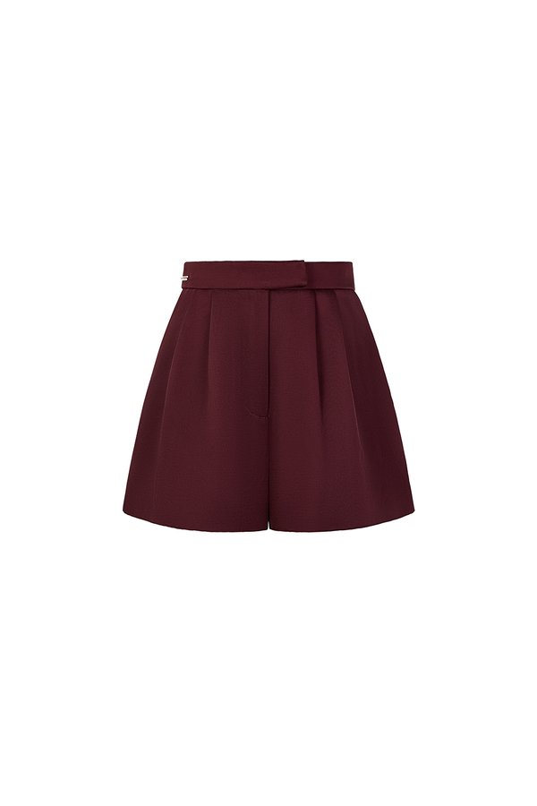 Aviva Sateen Pleated High Waist Shorts in Pinot Noir