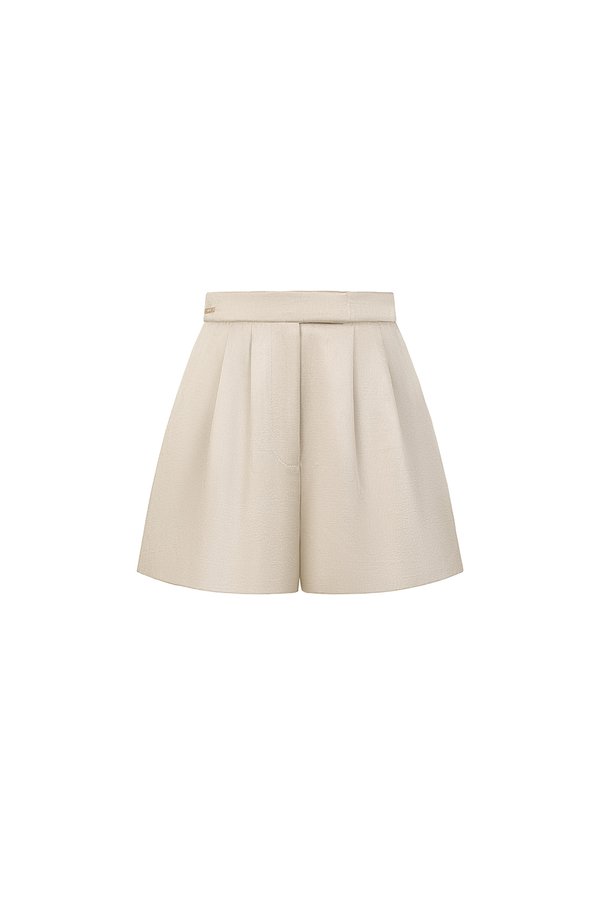 Aviva Sateen Pleated High Waist Shorts in Taupe Champagne