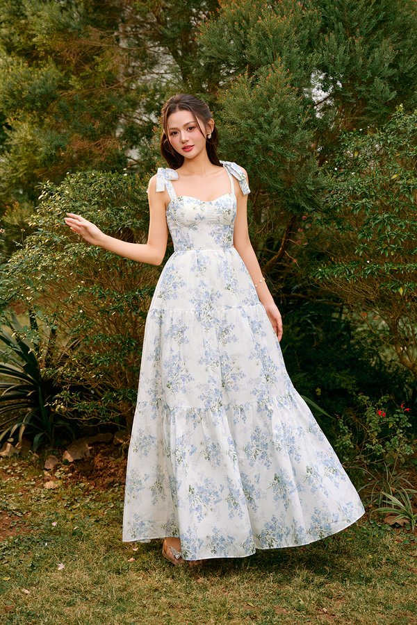 Belle Removable Ribbon Straps Bustier Tiered Maxi Dress in Fleurison Ciel