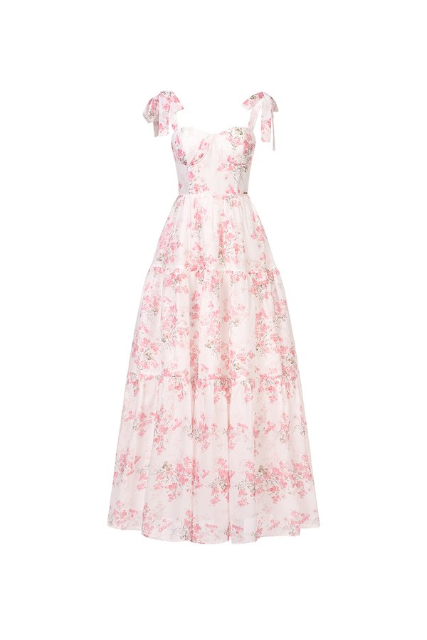 Belle Removable Ribbon Straps Bustier Tiered Maxi Dress in Fleurison Rosée
