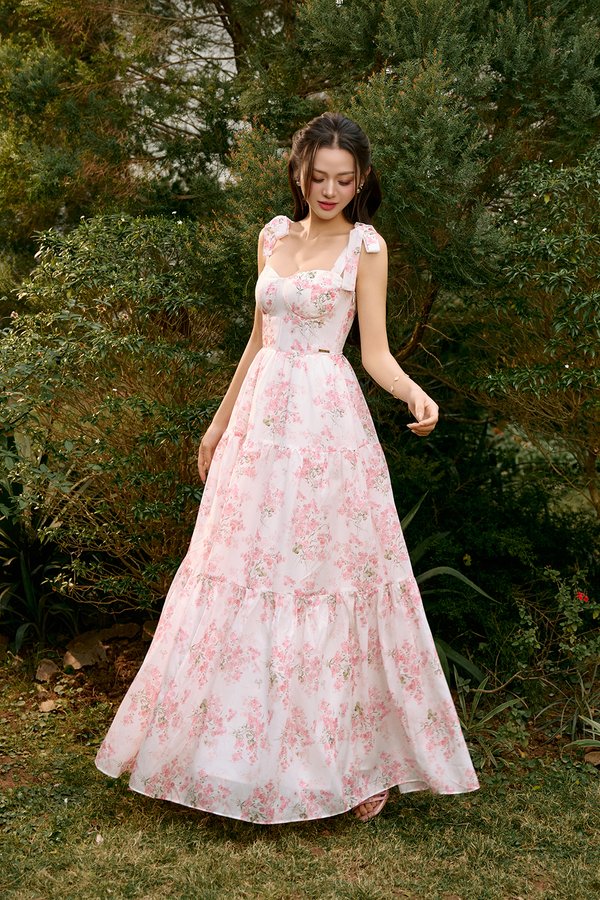 Belle Removable Ribbon Straps Bustier Tiered Maxi Dress in Fleurison Rosée