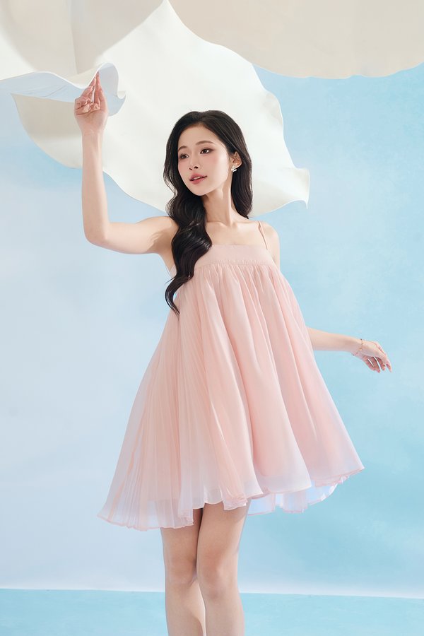 Brenna Straight Neck Flouncy Mini Dress in Whisper Pink