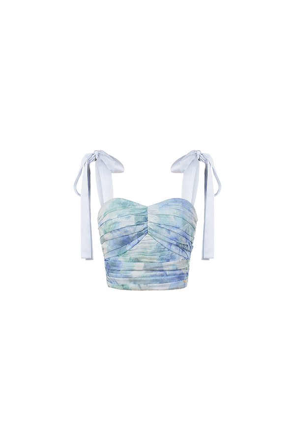 Calypso Padded Removable Ribbon Straps Crop Top in Blue Poéme