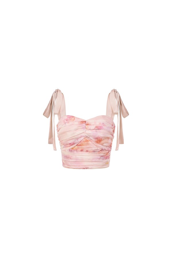 Calypso Padded Removable Ribbon Straps Crop Top in Feather Pink Poéme