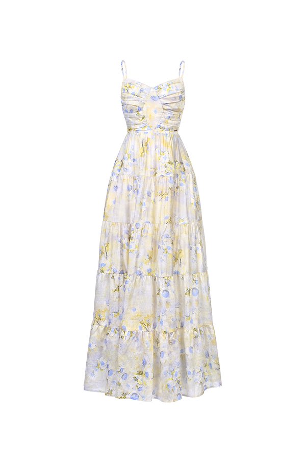 Ceres Diamond Pleated Maxi Dress in Dreaming Blue Blooms