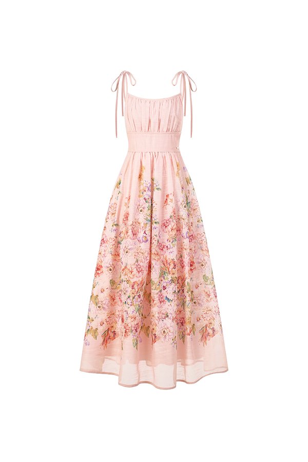 Ciel Padded Ribbon Strap Ruched Bust Midi Dress in Pink Enchanted Meadow