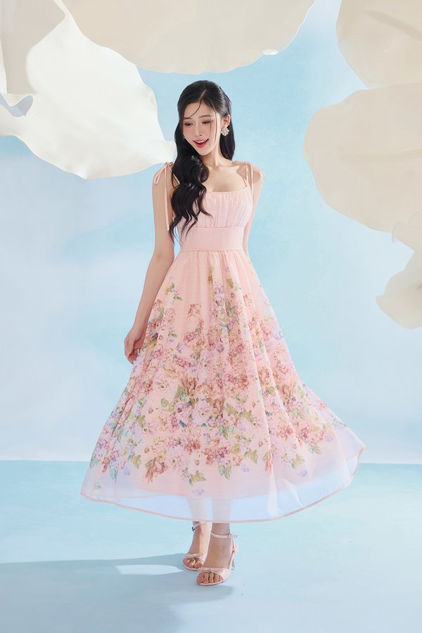 Ciel Padded Ribbon Strap Ruched Bust Midi Dress in Pink Enchanted Meadow