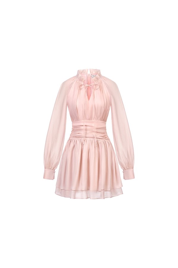 Cosette Billowy Sleeves Ruched Waist Tiered Mini Dress in Blush Glow