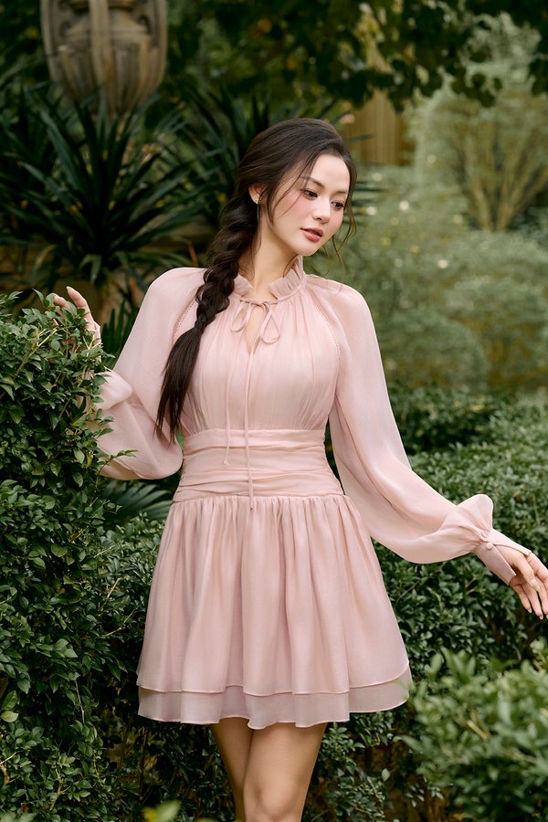 Cosette Billowy Sleeves Ruched Waist Tiered Mini Dress in Blush Glow
