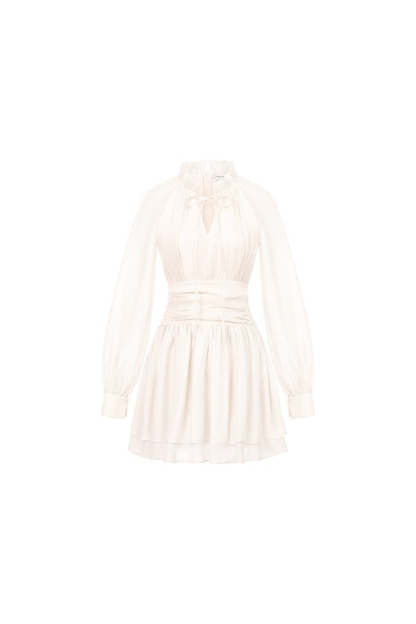 Cosette Billowy Sleeves Ruched Waist Tiered Mini Dress in Ivory