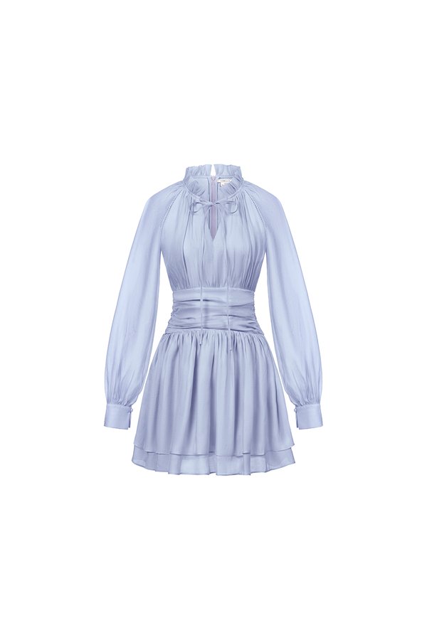 Cosette Billowy Sleeves Ruched Waist Tiered Mini Dress in Pale Blue