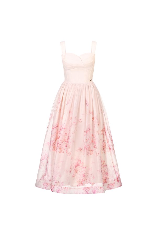 Dream Pleated Bust Soft Corset Midi Dress in Rose Watercolour Waltz