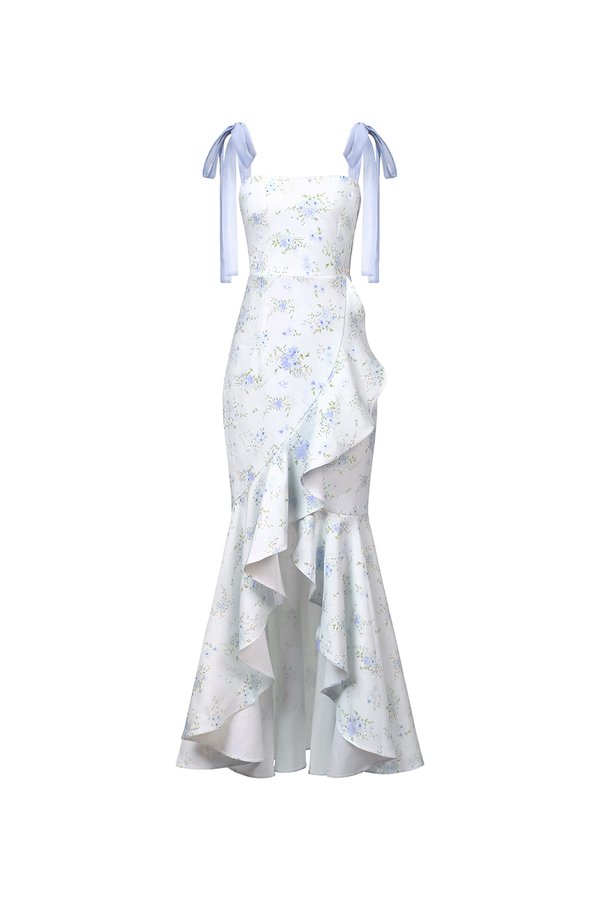 Everlee Padded Movement Maxi Mermaid Dress in Blue Blooming Bunches