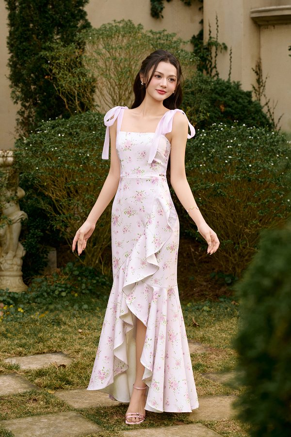 Everlee Padded Movement Maxi Mermaid Dress in Lilac Blooming Bunches