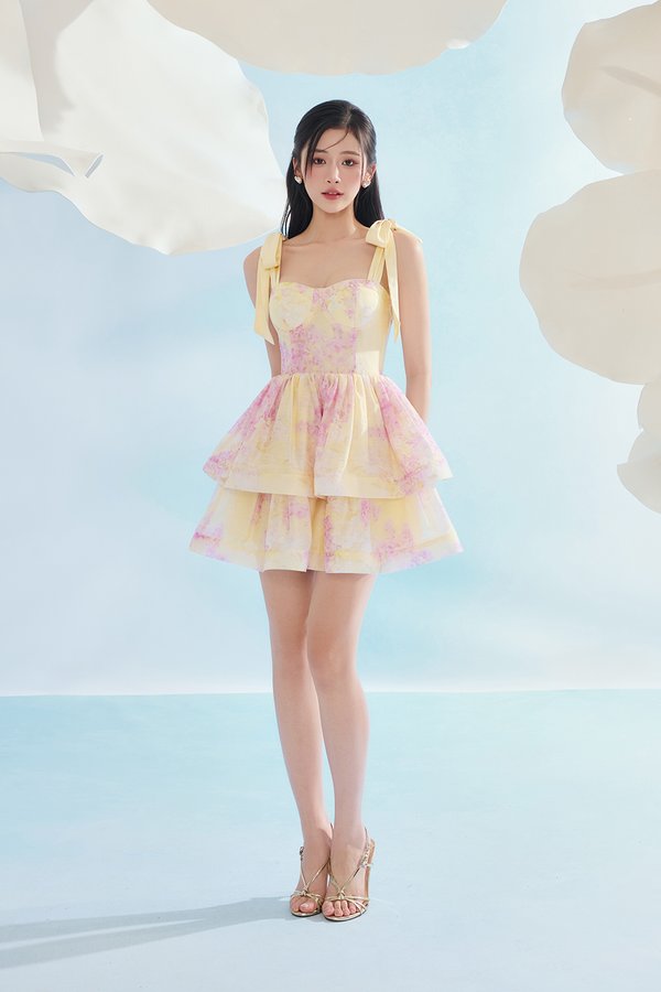 Fiona Removable Ribbon Straps Bustier Mini Dress in Sunny Aurafleur