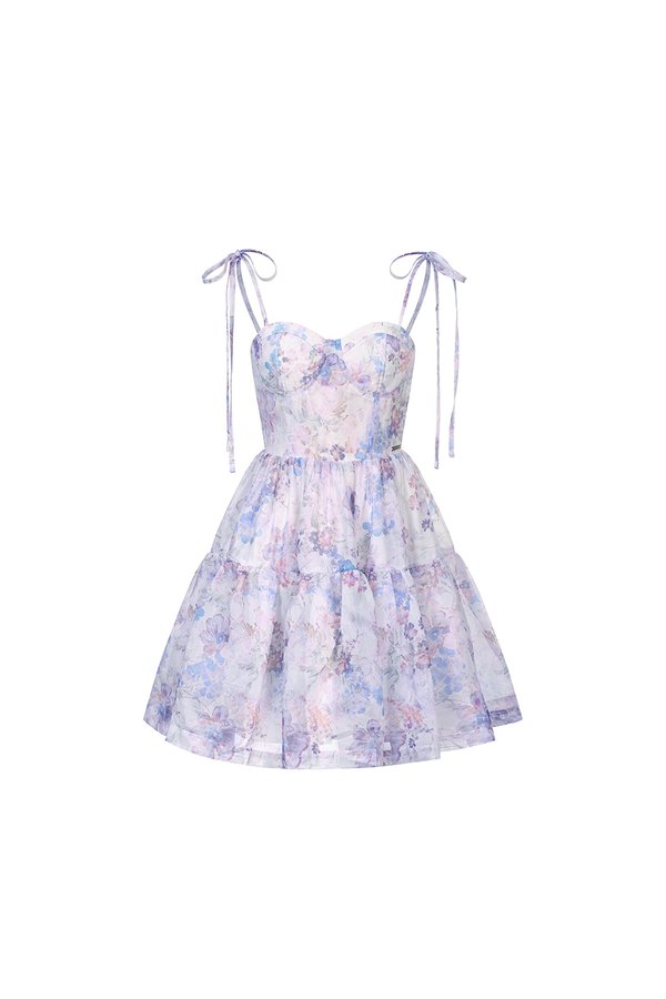 Floria Ribbon Tie Bustier Tiered Mini Dress in Purple Lunaria