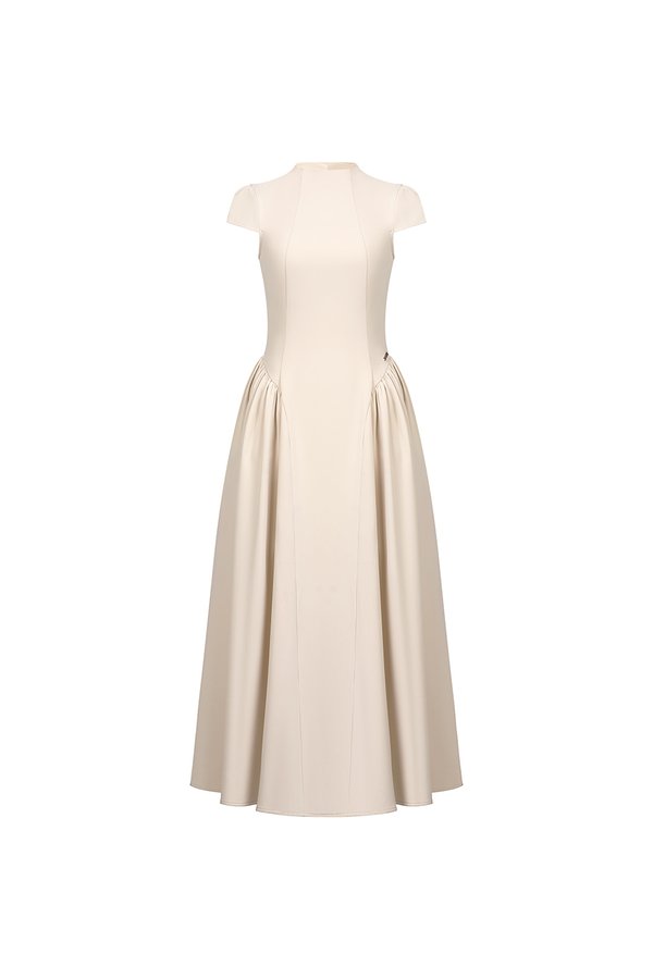 Freya Padded Mock Neck Flare Midaxi Dress in Chantilly Cream
