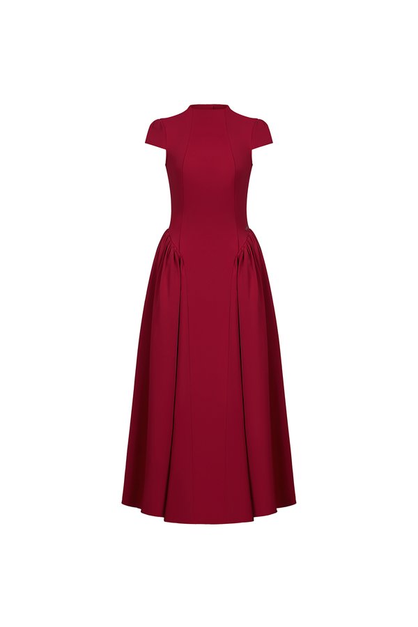 Freya Padded Mock Neck Flare Midaxi Dress in Ruby Red