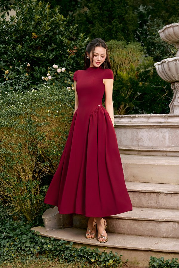 Freya Padded Mock Neck Flare Midaxi Dress in Ruby Red
