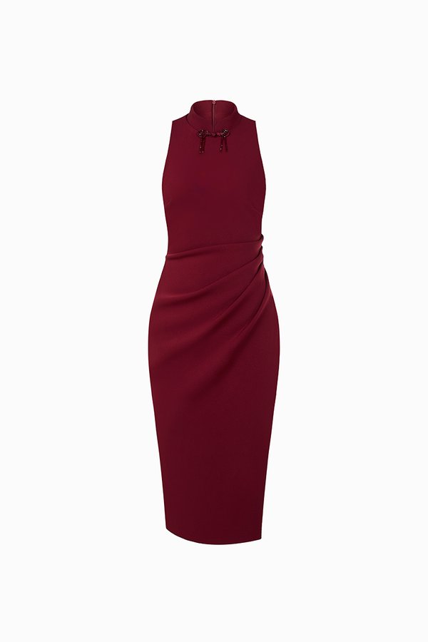 Grace Padded Ruched Mandarin Collar Pencil Dress in Deep Red