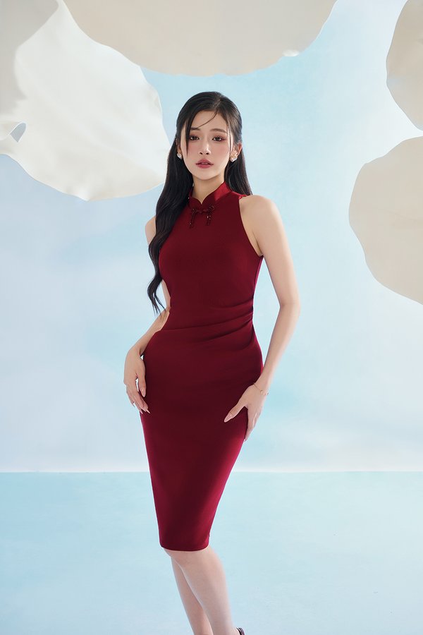 Grace Padded Ruched Mandarin Collar Pencil Dress in Deep Red