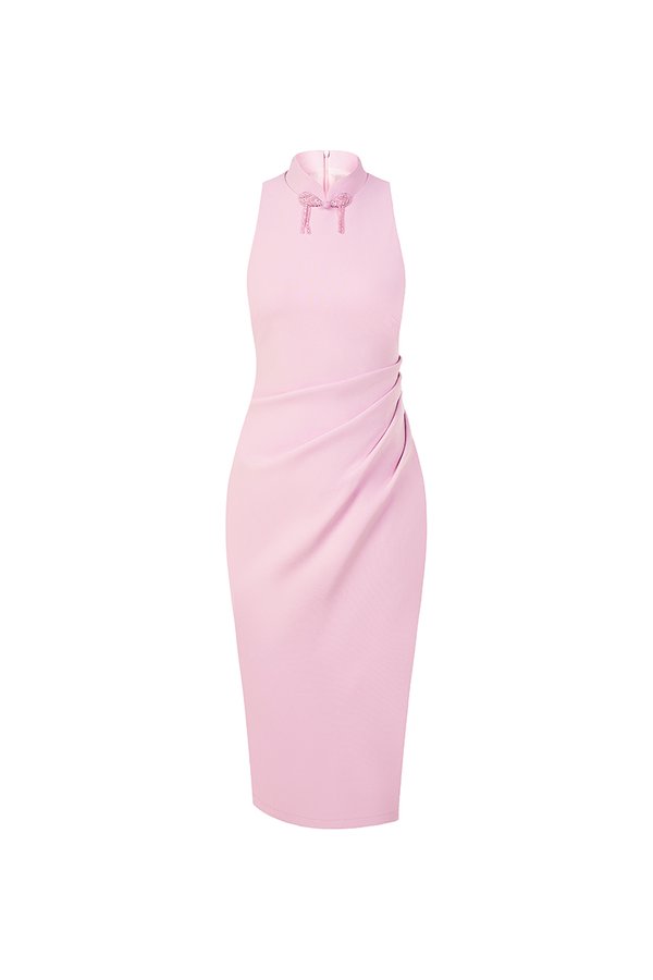 Grace Padded Ruched Mandarin Collar Pencil Dress in French Lavender
