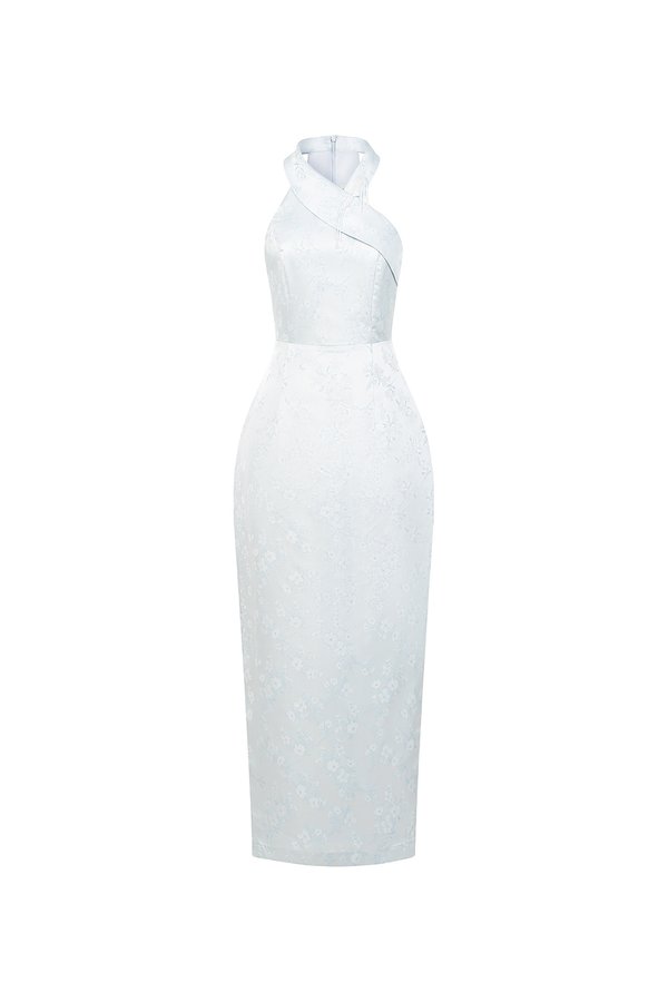 Jade Padded Halter Asymmetrical Cheongsam in Ice Frosted Garden