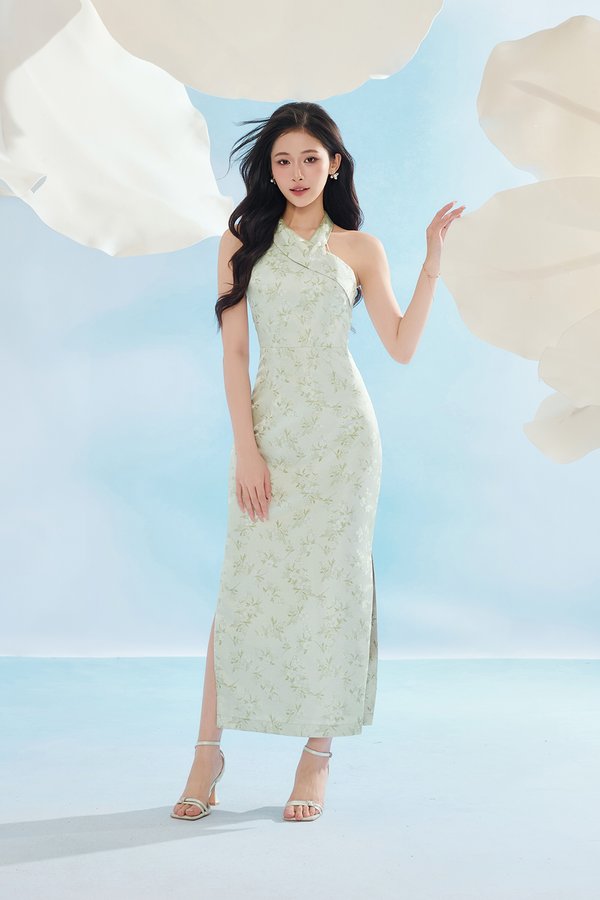 Jade Padded Halter Asymmetrical Cheongsam in Sage Frosted Garden